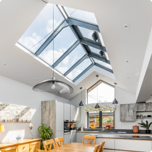 Kitchen extension with aluminium roof lantern.
