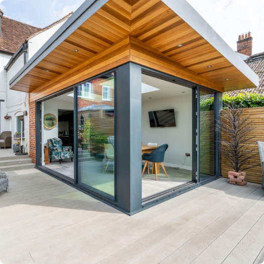 Mono pitched kitchen extension on a modern patio in a Winchester.