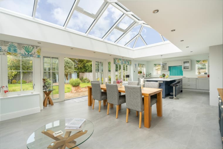 Contemporary kitchen diner with roof lantern.