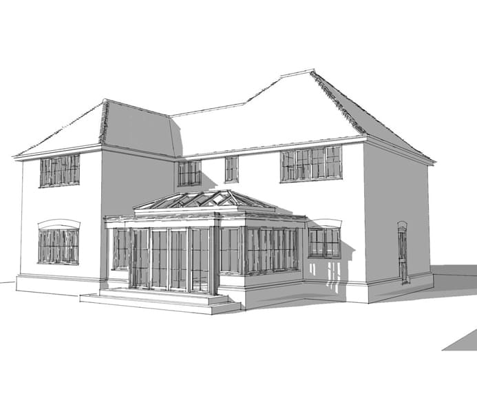 Architectural drawing of a property with an orangery extension.
