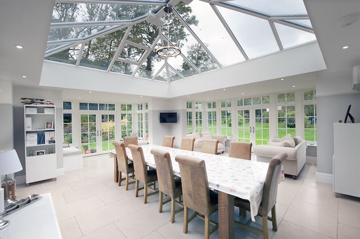 Interior dining room with roof lantern.