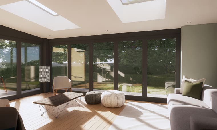 Light and airy extension, featuring large panel glass doors and windows