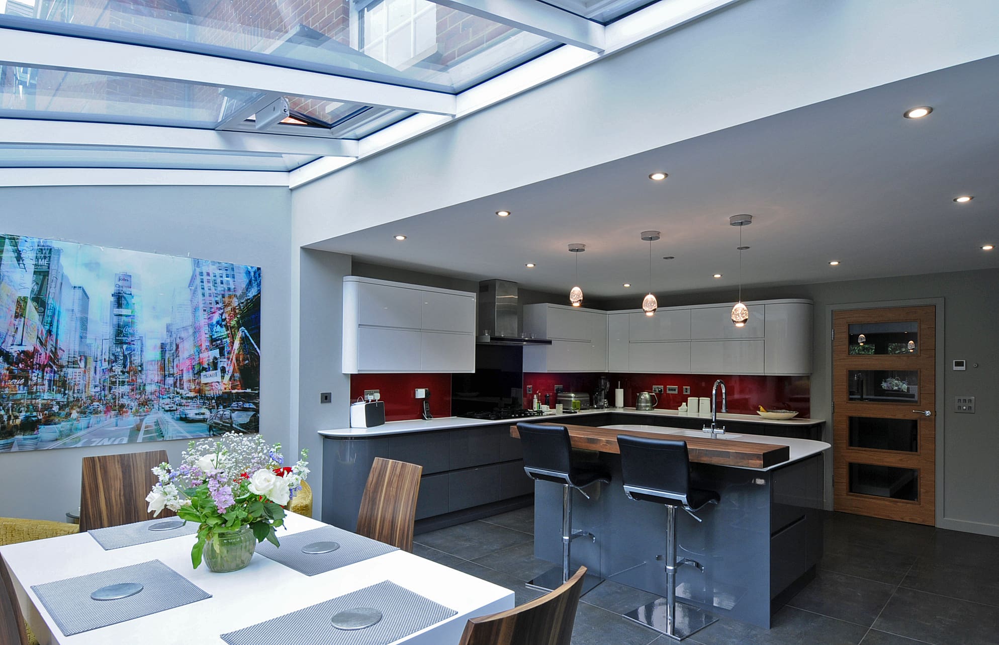 Modern kitchen extension with roof lantern.