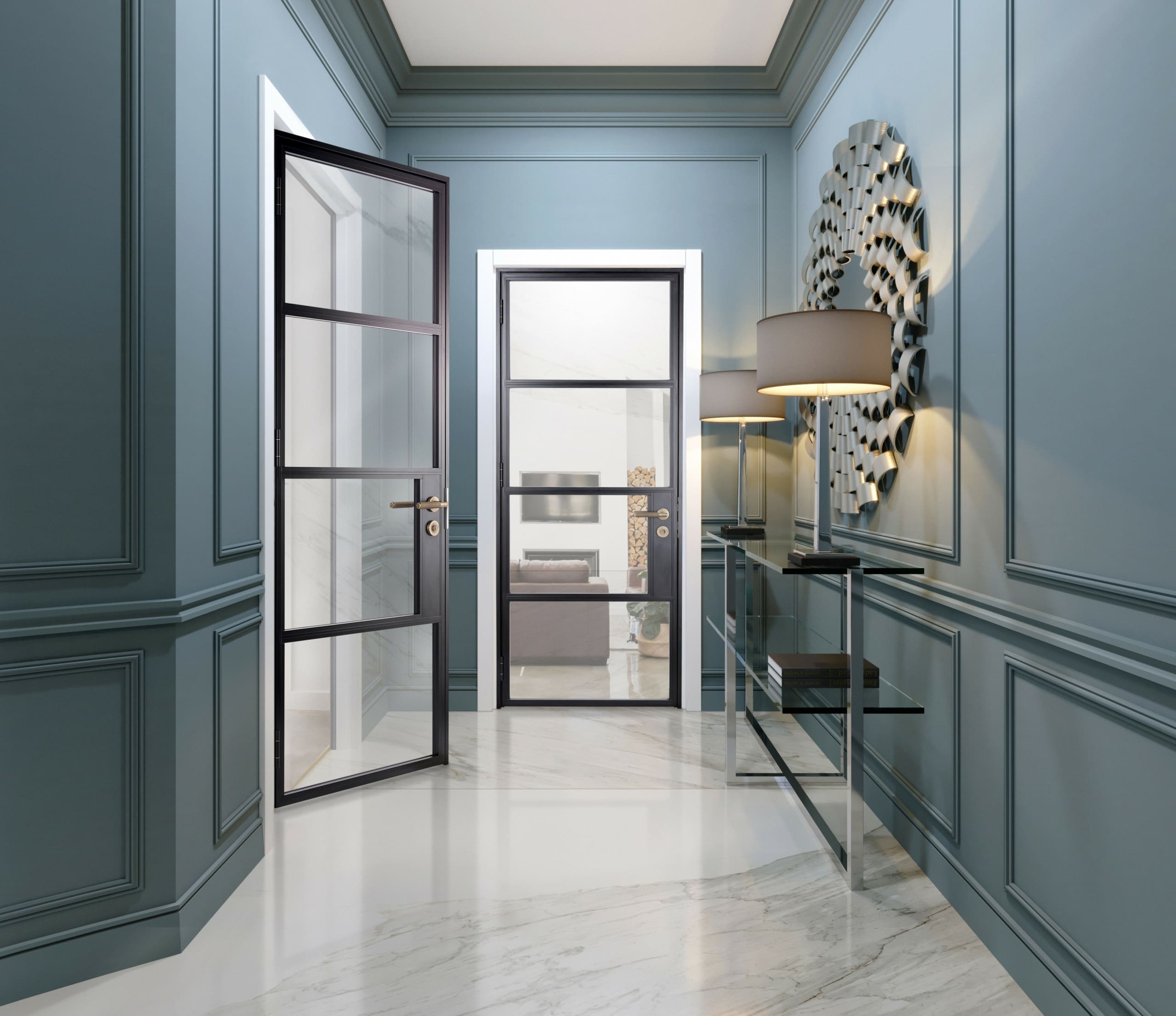 Glass doors featuring in well-lit and attractive hallway