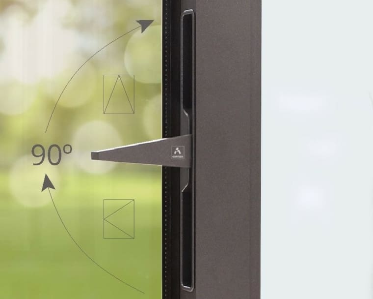 Door latch with diagram showing that it moves at 90 degree angles.